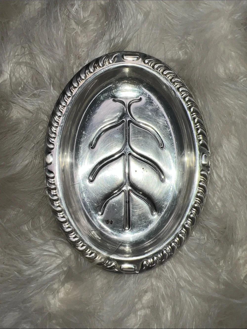 Vintage Antique Silver Plated Oval Decorative Tray with Leaf Motif Jewelry Tray
